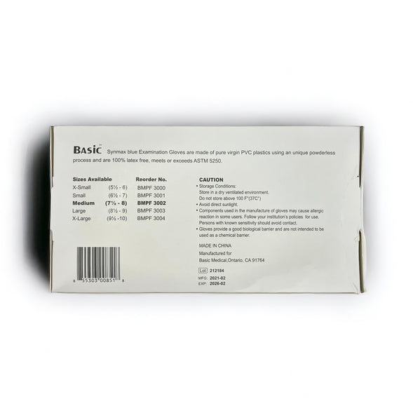 BASIC Vinyl Synmax Exam Gloves, Powder-Free, Latex-Free, Protein-Free, 3.5-4.0 mil, Blue (ASTM D5250, FDA 510k)