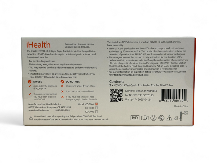 iHealth COVID-19 Antigen Rapid Test, 2 tests/pack, FDA EUA approved OTC At-Home Rapid Antigen Self Test