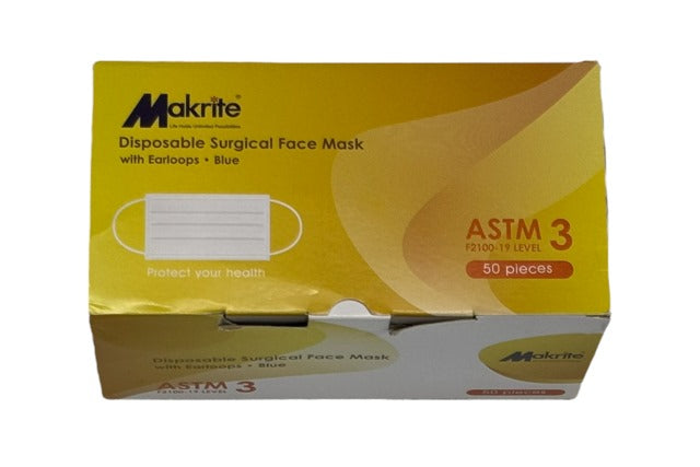 Makrite 4-Ply ASTM Level 3 Surgical Face Mask with Earloops, Blue, (ASTM-F2100 Level 3, FDA 510k)