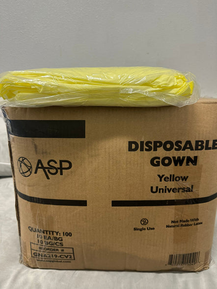 ASP GLOBAL Isolation Gown Level 2 (30 gsm), disposable, non-woven, white knit cuff, non-surgical, 100 gowns/case, yellow