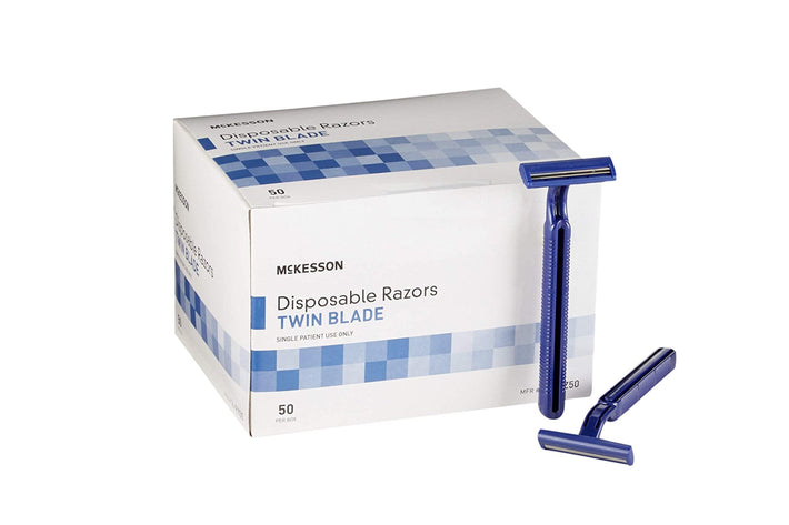 McKesson Twin Blade Shaving Razor, Disposable, Stainless Steel Blade, Single Patient Use, Blue, 50ct, 2-Pack