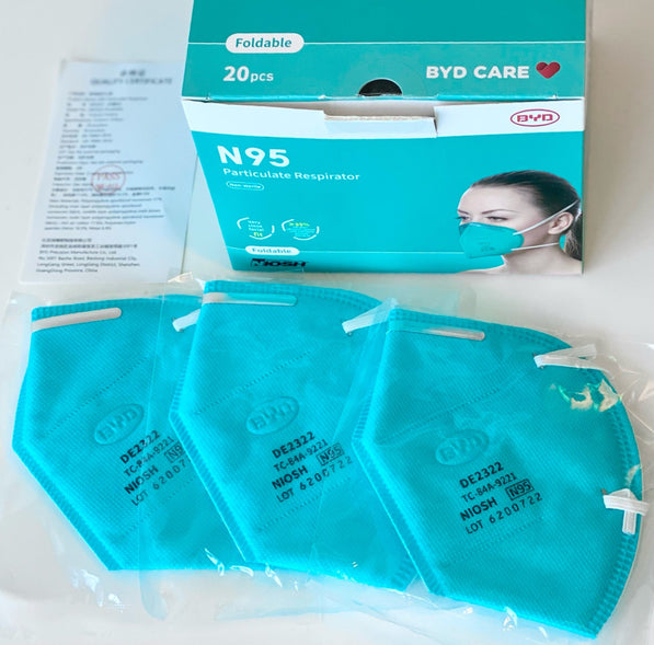 BYD CARE N95 (20/box), Teal, NIOSH 84A-9221, FDA 510(k) cleared as a surgical N95 mask