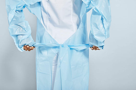 Isolation Gown: (Longkare) AAMI Level 2 CPE (25g) Disposable, Non-Surgical, Thumb hole sleeve, Blue, GB15979-2002 standard