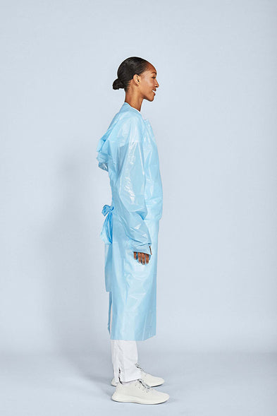 Isolation Gown: (Longkare) AAMI Level 2 CPE (25g) Disposable, Non-Surgical, Thumb hole sleeve, Blue, GB15979-2002 standard