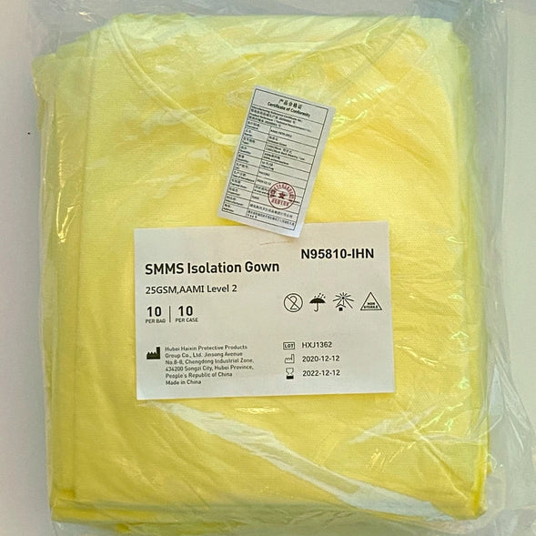 Isolation Gown: (Hubei Haixin) SMS (25 gsm), AAMI Level 2, Disposable, Non-Surgical, Yellow
