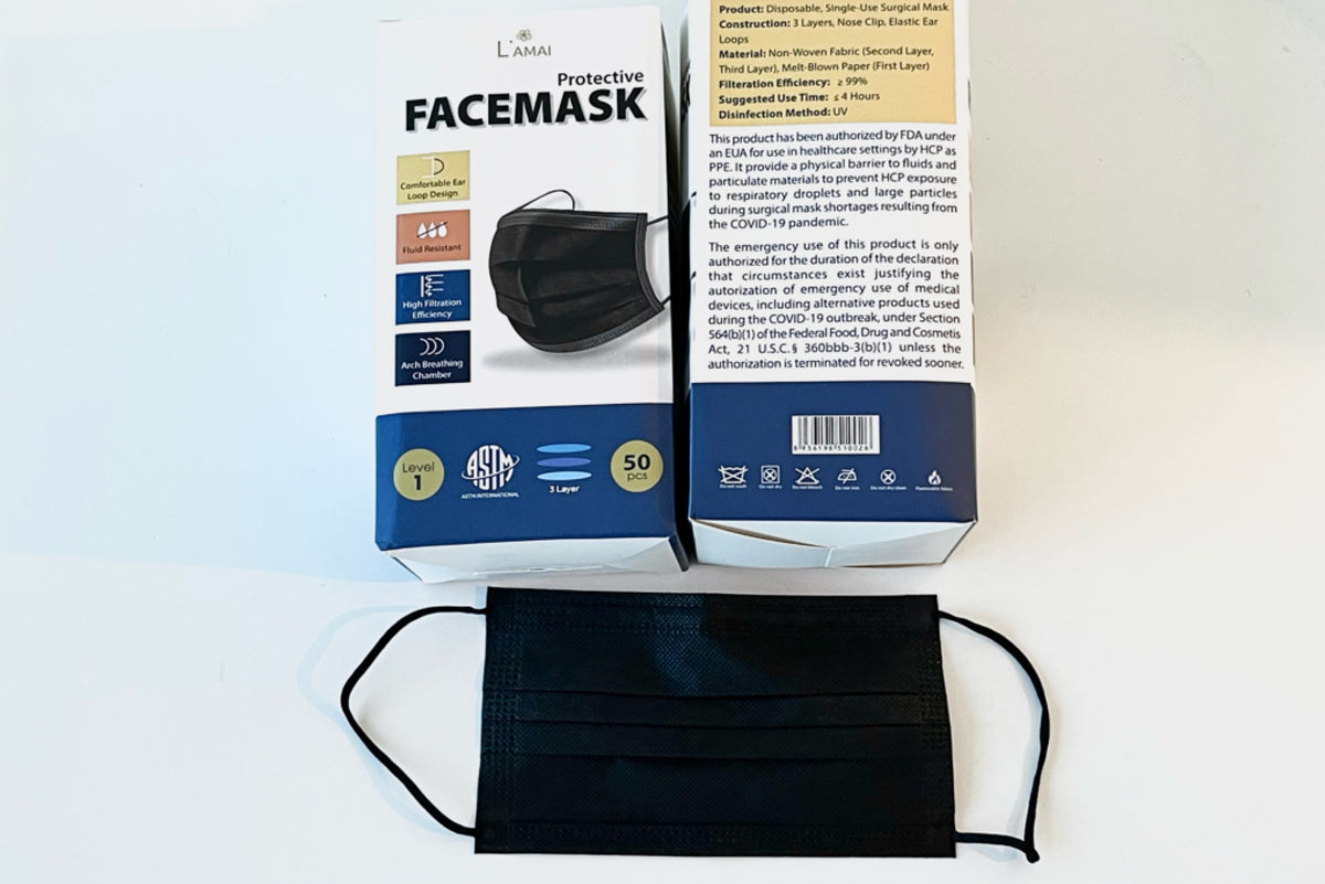 3-Ply Level 1 (L’AMAI) Protective Face Mask with Ear Loops, Black (AST ...