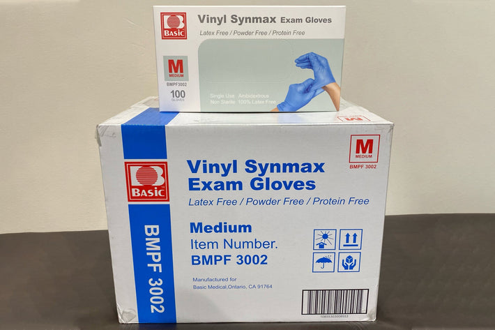 BASIC Vinyl Synmax Gloves, Powder-Free, Latex-Free, Protein-Free, 3.5-4.0 mil, Blue (ASTM D5250, FDA 510k)