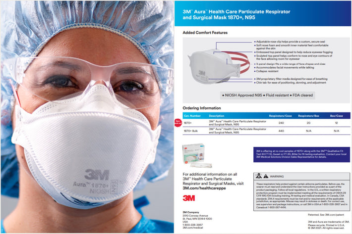 3M 1870+ AURA™ Healthcare Particulate Respirator & Surgical N95 Mask